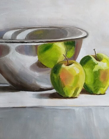 olieverf schilderij Stilleven met groene appels