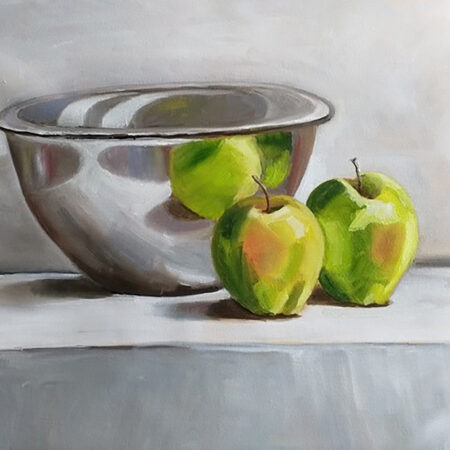 olieverf schilderij Stilleven met groene appels